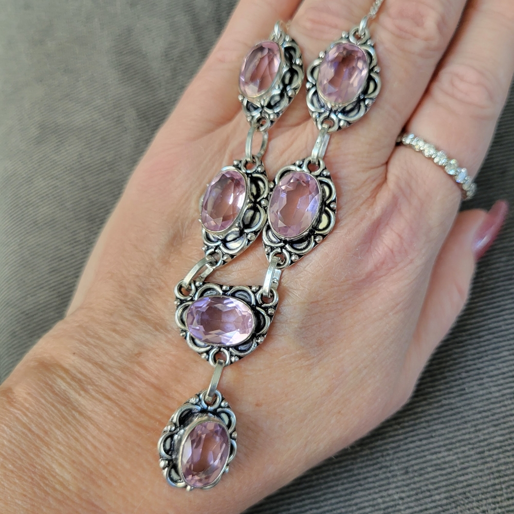 Elegant Pink Gemstone Silver Necklace - Picture 2 of 5